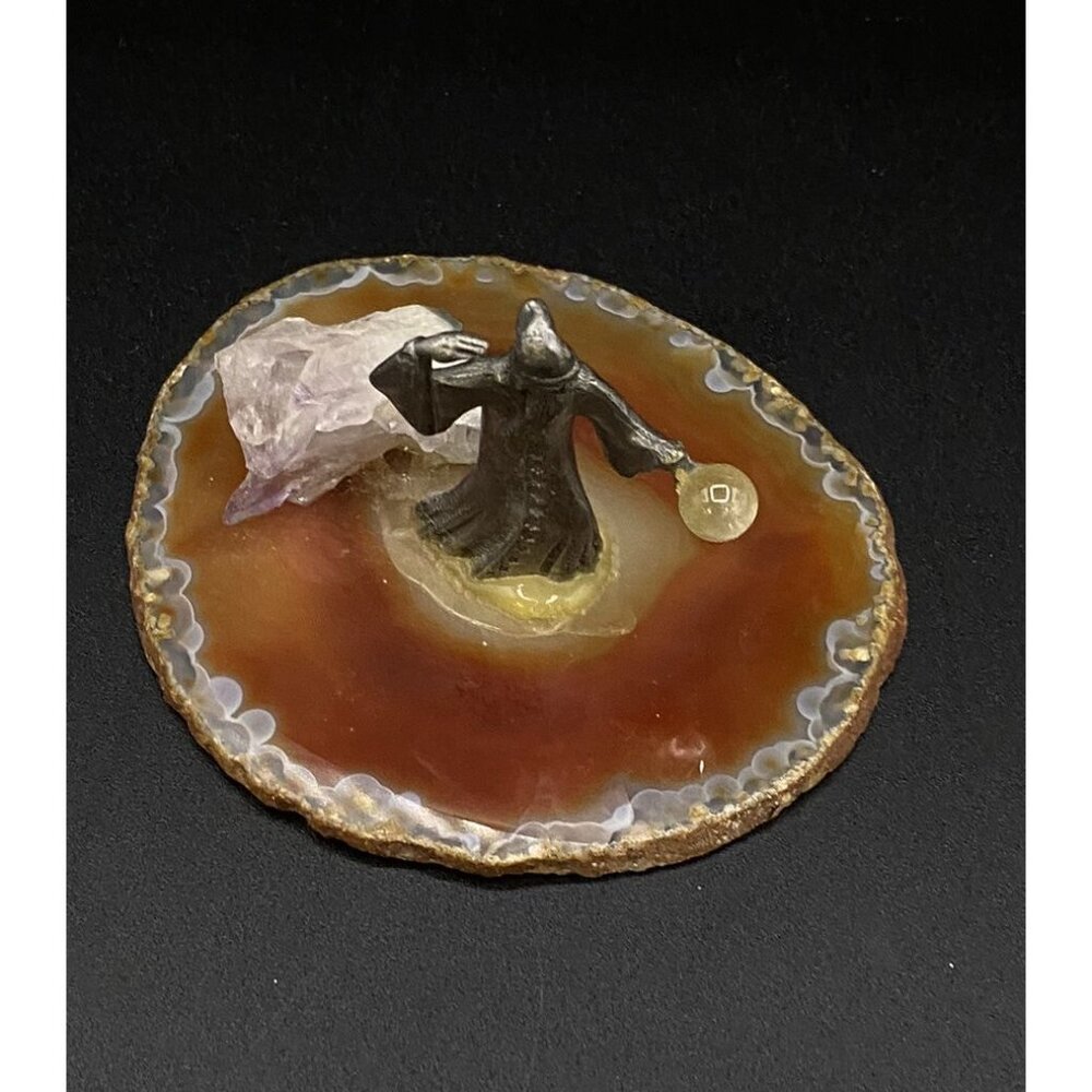 Pewter Wizard Mounted on a Sliced Geode Agate Figurine Crystal Ball - Picture 4 of 12